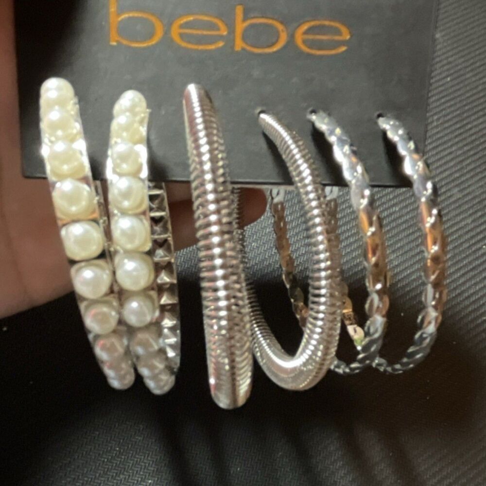 bebe Silver Hoop Earrings Set with Pearl Accents, Round Shape